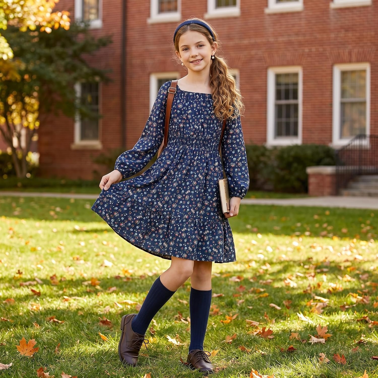 image:imageGRACE KARIN Girls Fall Dress Floral Long Sleeve Midi Smocked Waist HolidayNavy Ditsy Floral