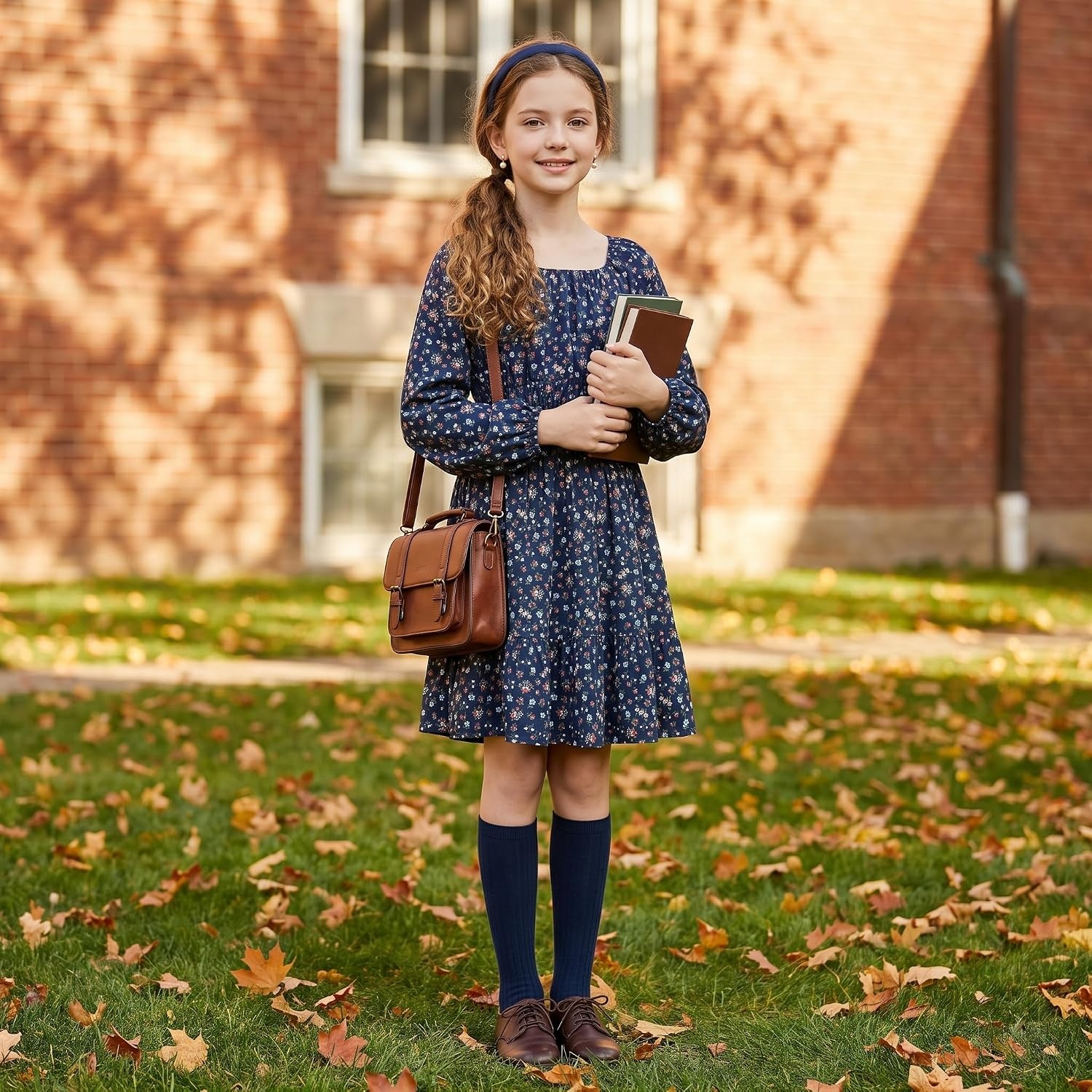 image:imageGRACE KARIN Girls Fall Dress Floral Long Sleeve Midi Smocked Waist HolidayNavy Ditsy Floral