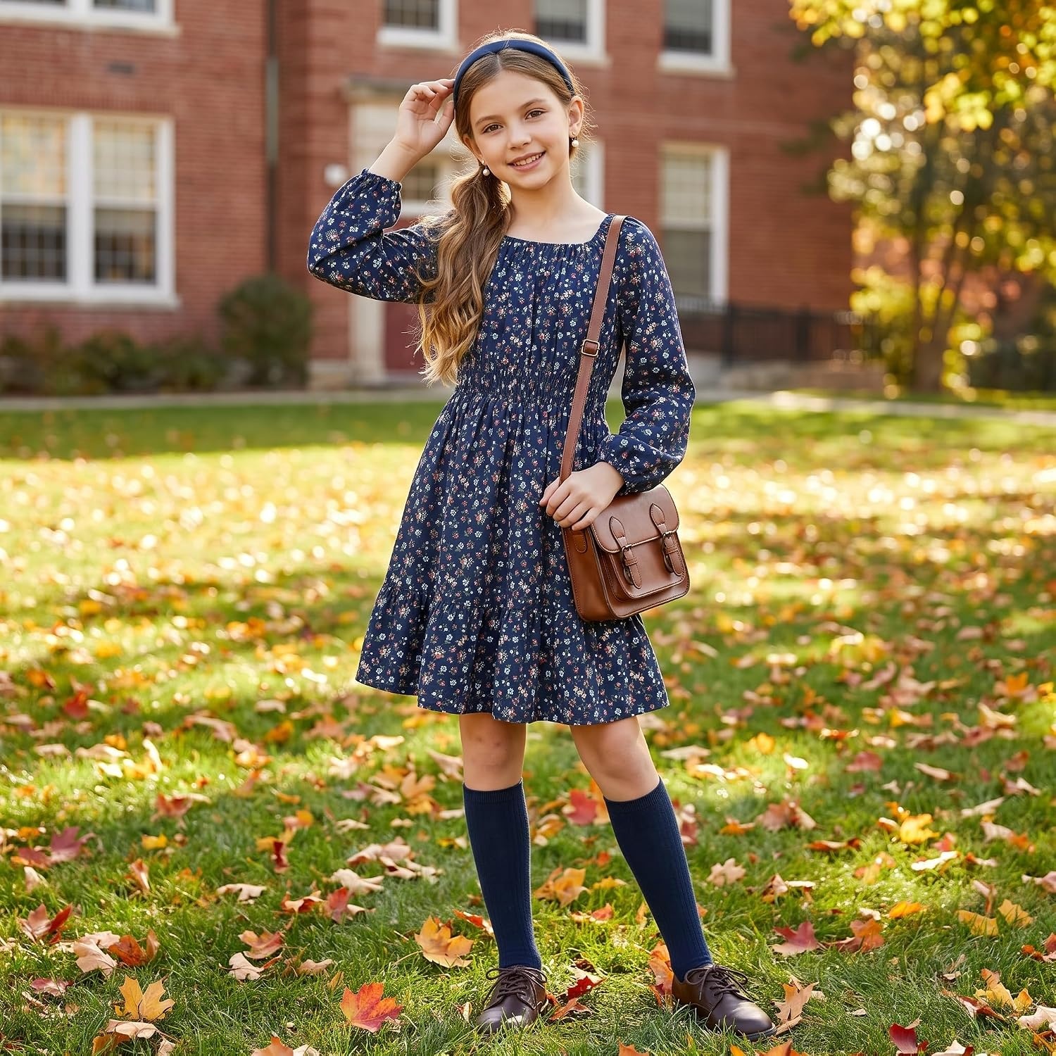 image:imageGRACE KARIN Girls Fall Dress Floral Long Sleeve Midi Smocked Waist HolidayNavy Ditsy Floral