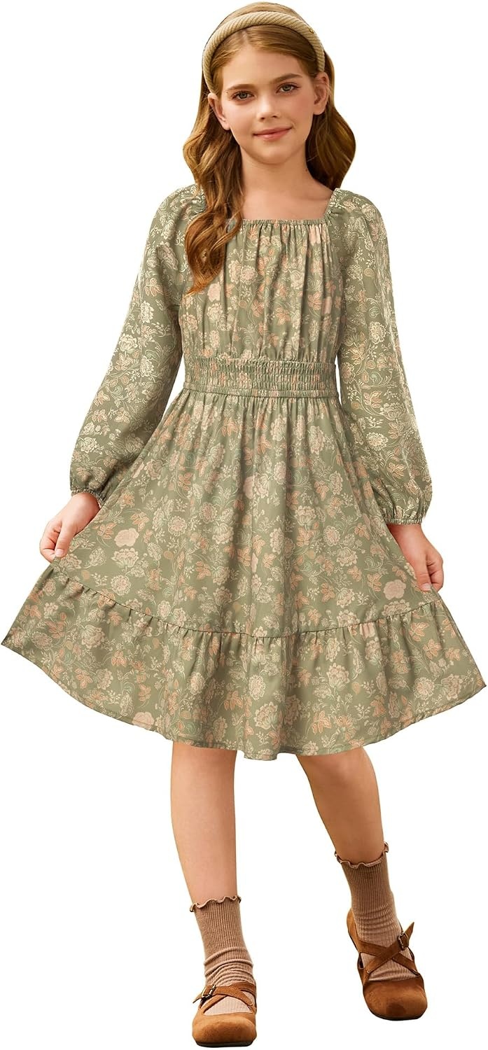 image:imageGRACE KARIN Girls Fall Dress Floral Long Sleeve Midi Smocked Waist HolidayPeachy Sage Floral