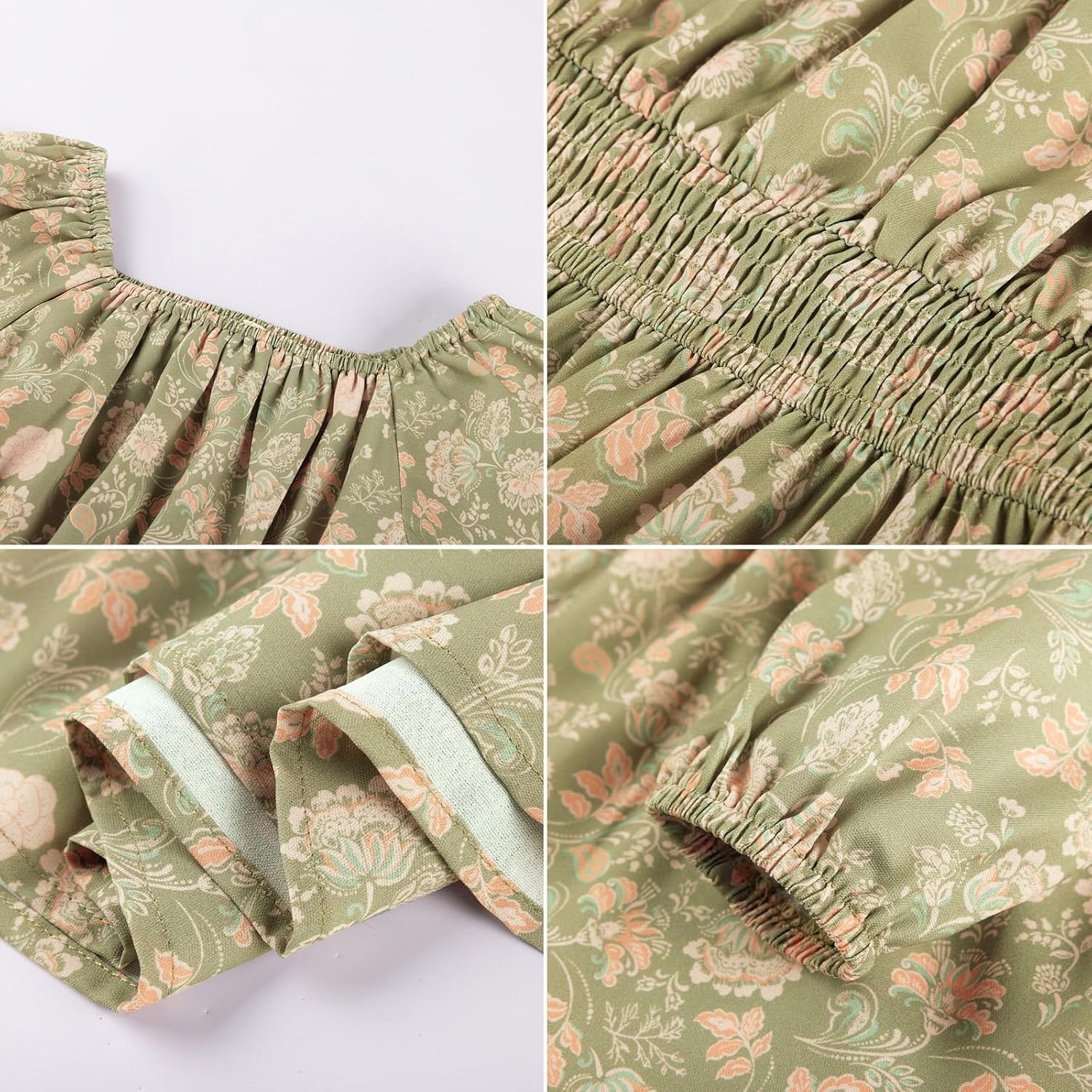 image:imageGRACE KARIN Girls Fall Dress Floral Long Sleeve Midi Smocked Waist HolidayPeachy Sage Floral