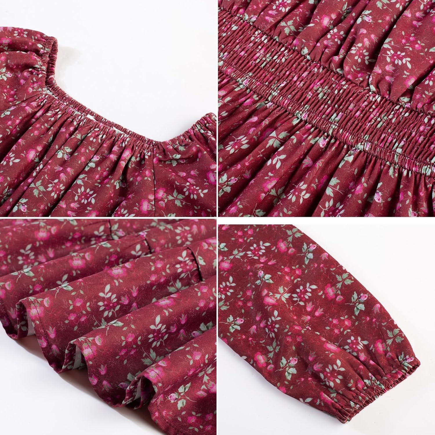 image:imageGRACE KARIN Girls Fall Dress Floral Long Sleeve Midi Smocked Waist HolidayRed Floral Print