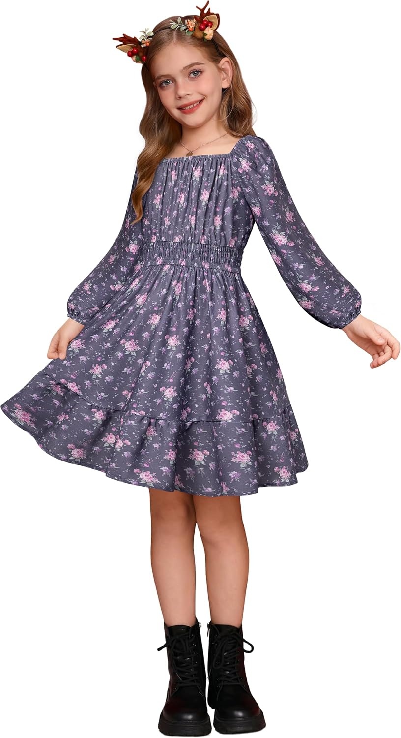 image:imageGRACE KARIN Girls Fall Dress Floral Long Sleeve Midi Smocked Waist HolidayTwilight Bloom