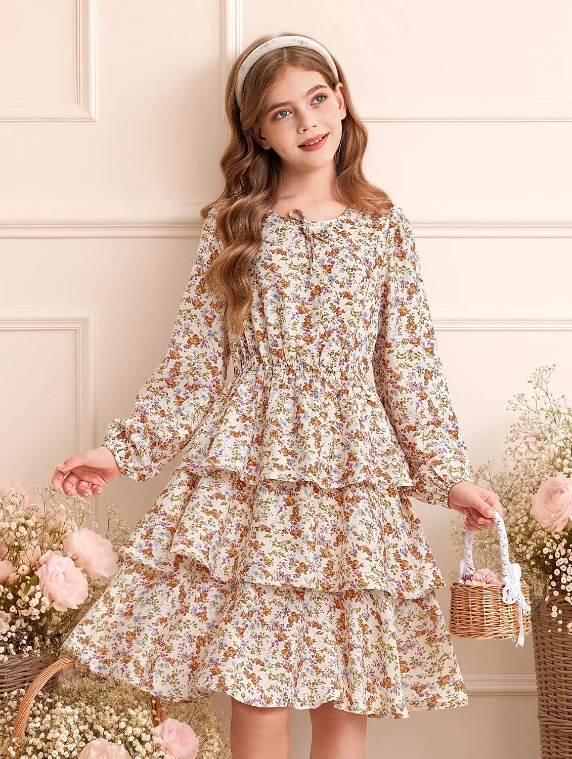 image:imageGRACE KARIN Girls Fall Dress Long Sleeve Floral Casual Party Dresses 614YApricot