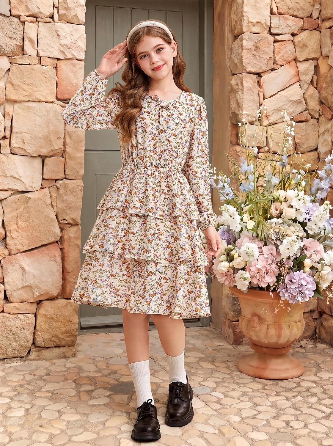 image:imageGRACE KARIN Girls Fall Dress Long Sleeve Floral Casual Party Dresses 614YApricot