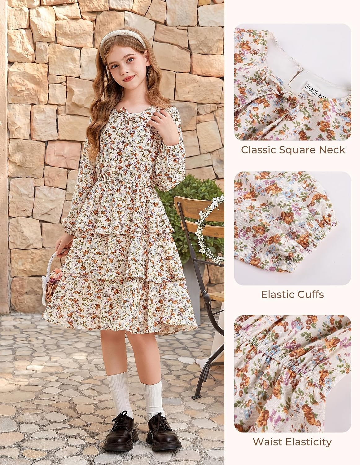 image:imageGRACE KARIN Girls Fall Dress Long Sleeve Floral Casual Party Dresses 614YApricot
