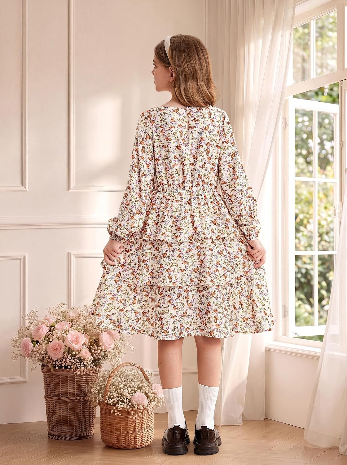 image:imageGRACE KARIN Girls Fall Dress Long Sleeve Floral Casual Party Dresses 614YApricot