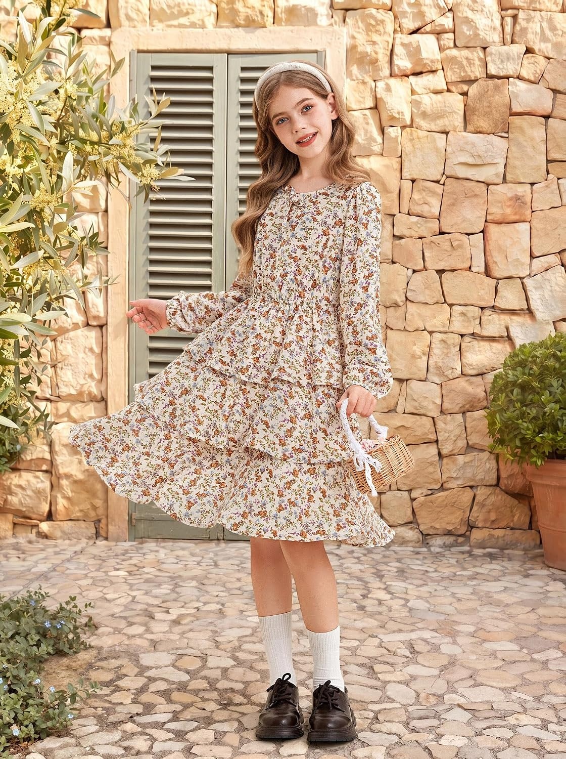image:imageGRACE KARIN Girls Fall Dress Long Sleeve Floral Casual Party Dresses 614YApricot