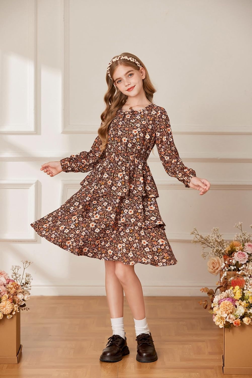 image:imageGRACE KARIN Girls Fall Dress Long Sleeve Floral Casual Party Dresses 614YBrown