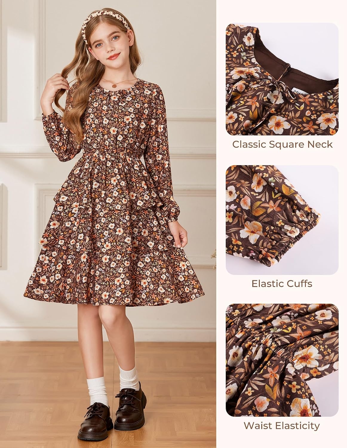 image:imageGRACE KARIN Girls Fall Dress Long Sleeve Floral Casual Party Dresses 614YBrown