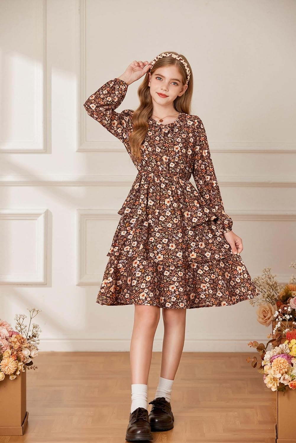 image:imageGRACE KARIN Girls Fall Dress Long Sleeve Floral Casual Party Dresses 614YBrown
