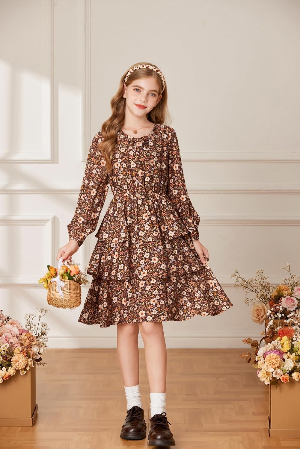 image:imageGRACE KARIN Girls Fall Dress Long Sleeve Floral Casual Party Dresses 614YBrown