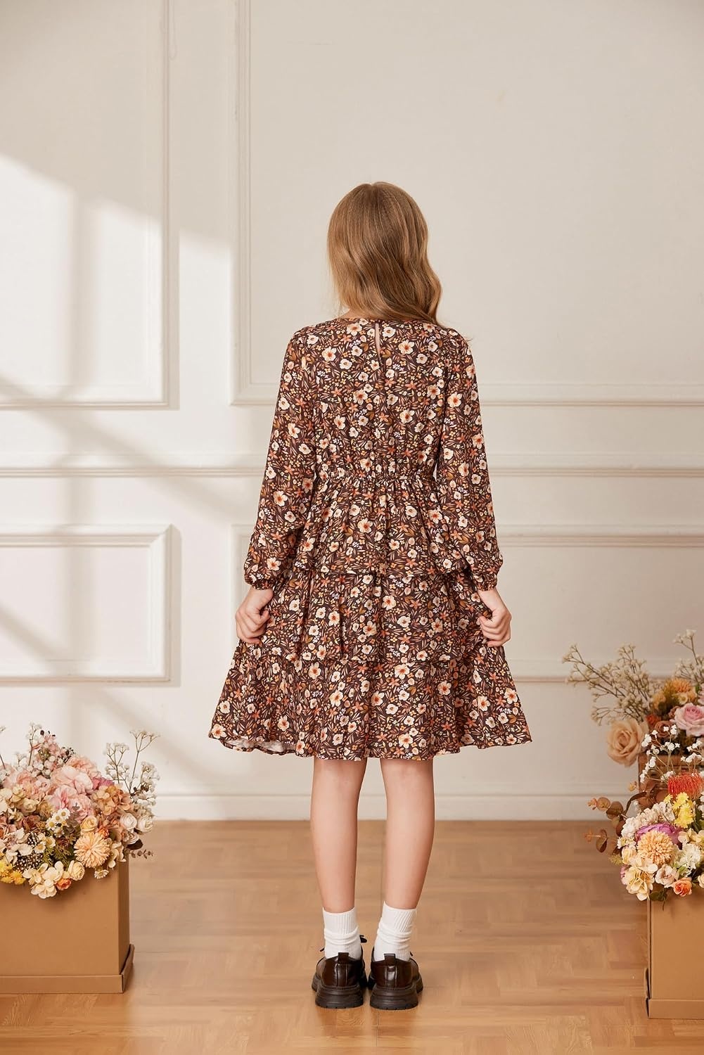 image:imageGRACE KARIN Girls Fall Dress Long Sleeve Floral Casual Party Dresses 614YBrown