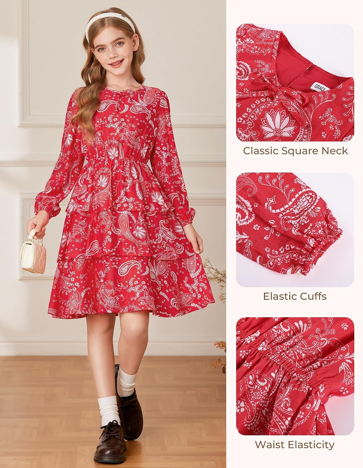 image:imageGRACE KARIN Girls Fall Dress Long Sleeve Floral Casual Party Dresses 614YRed