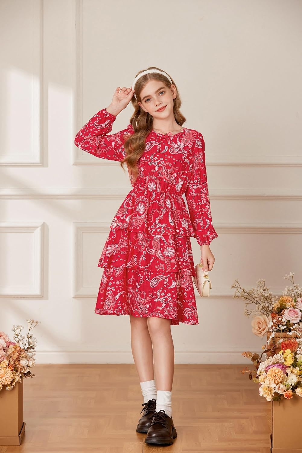 image:imageGRACE KARIN Girls Fall Dress Long Sleeve Floral Casual Party Dresses 614YRed
