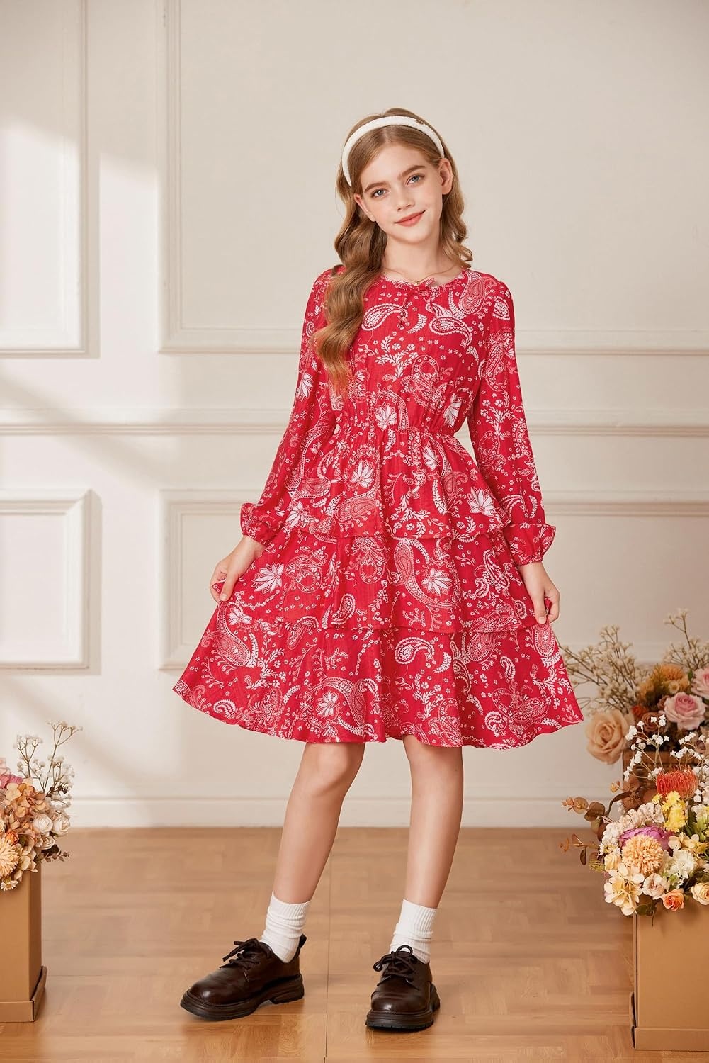 image:imageGRACE KARIN Girls Fall Dress Long Sleeve Floral Casual Party Dresses 614YRed