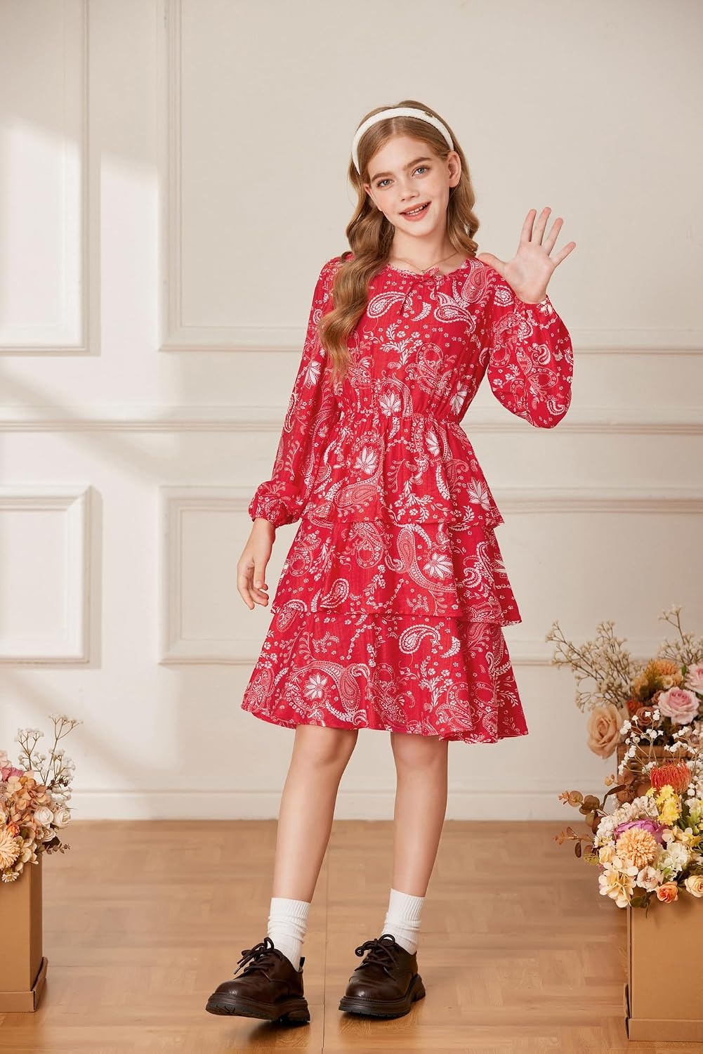 image:imageGRACE KARIN Girls Fall Dress Long Sleeve Floral Casual Party Dresses 614YRed