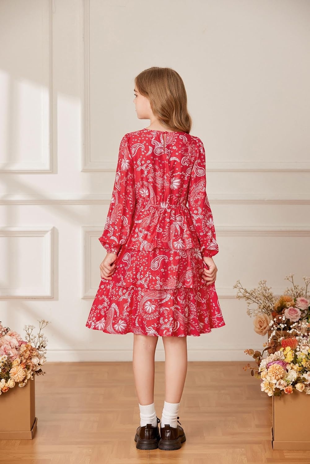 image:imageGRACE KARIN Girls Fall Dress Long Sleeve Floral Casual Party Dresses 614YRed