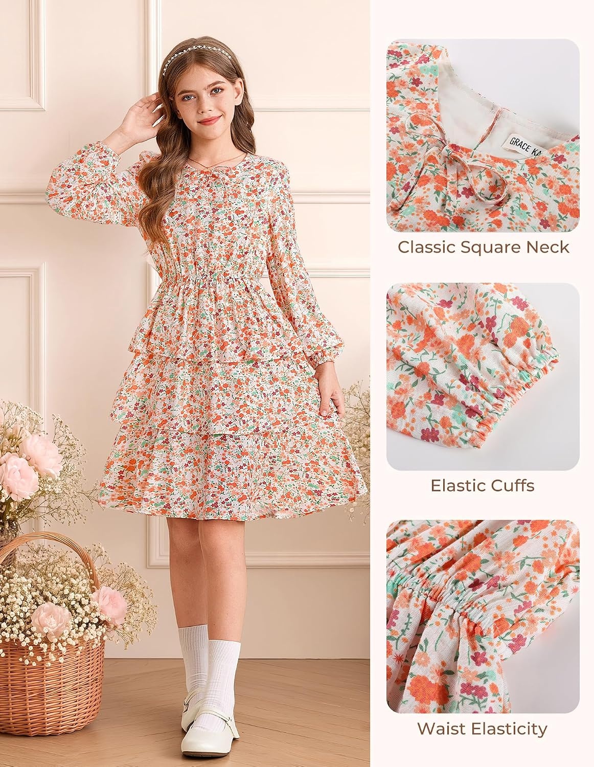 image:imageGRACE KARIN Girls Fall Dress Long Sleeve Floral Casual Party Dresses 614YWhite Orange