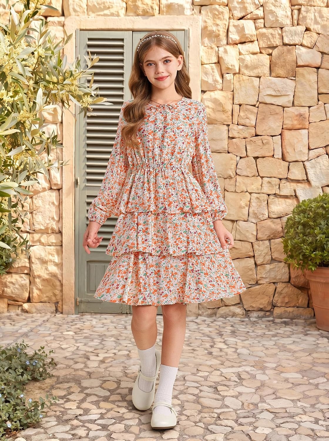 image:imageGRACE KARIN Girls Fall Dress Long Sleeve Floral Casual Party Dresses 614YWhite Orange