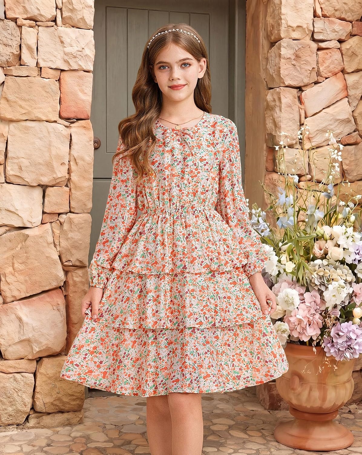 image:imageGRACE KARIN Girls Fall Dress Long Sleeve Floral Casual Party Dresses 614YWhite Orange
