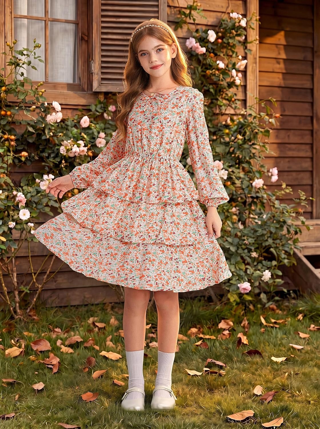 image:imageGRACE KARIN Girls Fall Dress Long Sleeve Floral Casual Party Dresses 614YWhite Orange