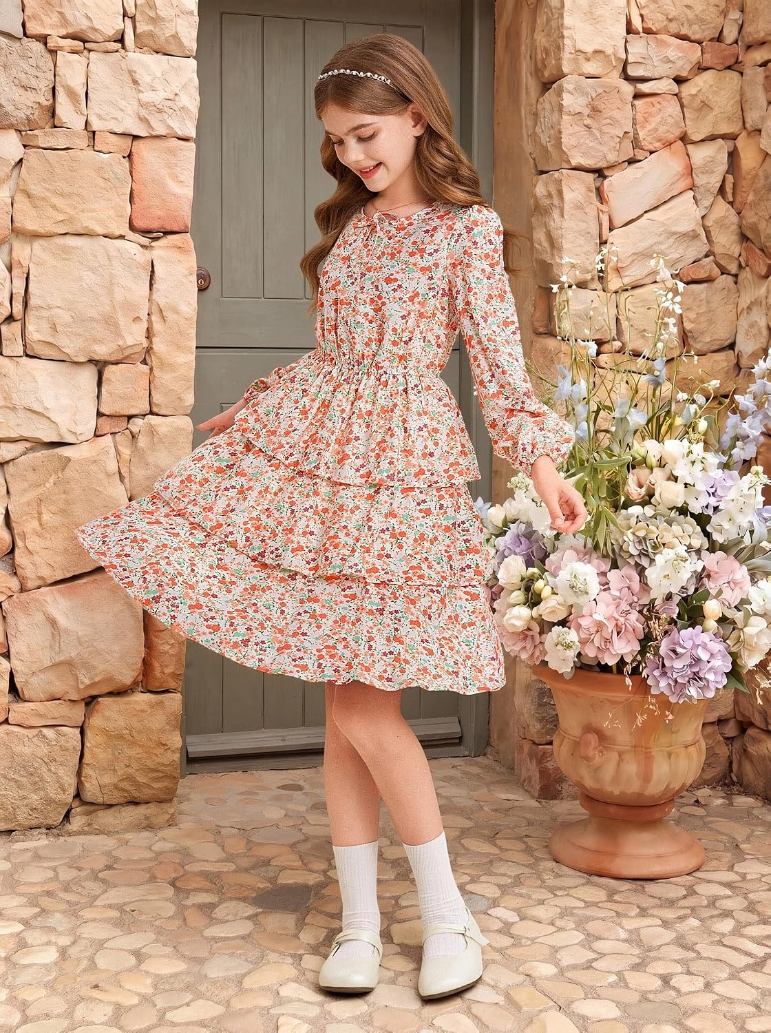 image:imageGRACE KARIN Girls Fall Dress Long Sleeve Floral Casual Party Dresses 614YWhite Orange