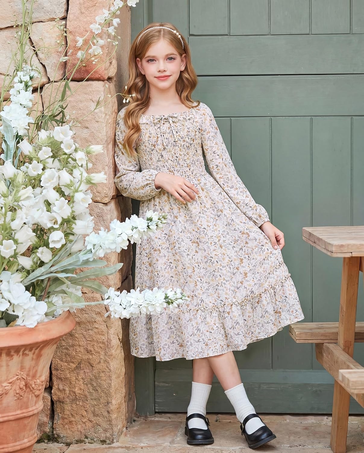image:imageGRACE KARIN Girls Fall Dress Long Sleeve Floral Maxi Dresses Casual 614YApricot Floral