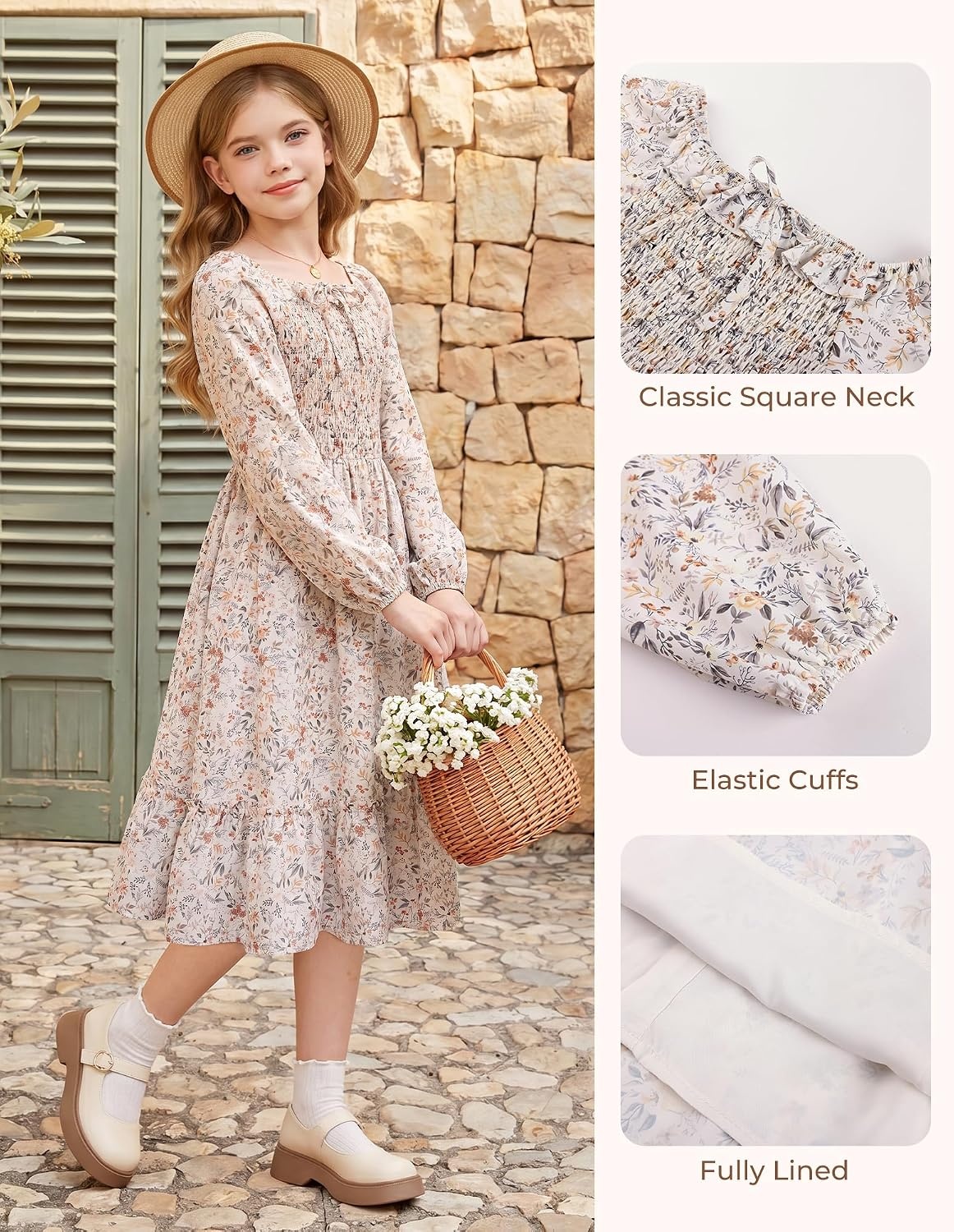 image:imageGRACE KARIN Girls Fall Dress Long Sleeve Floral Maxi Dresses Casual 614YApricot Floral