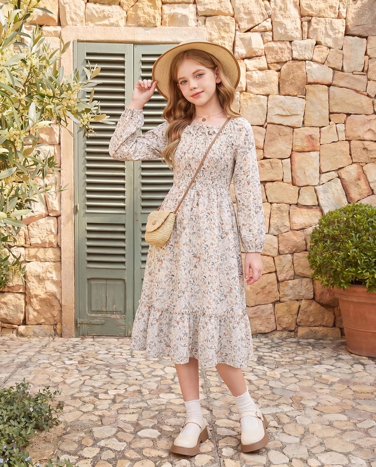 image:imageGRACE KARIN Girls Fall Dress Long Sleeve Floral Maxi Dresses Casual 614YApricot Floral