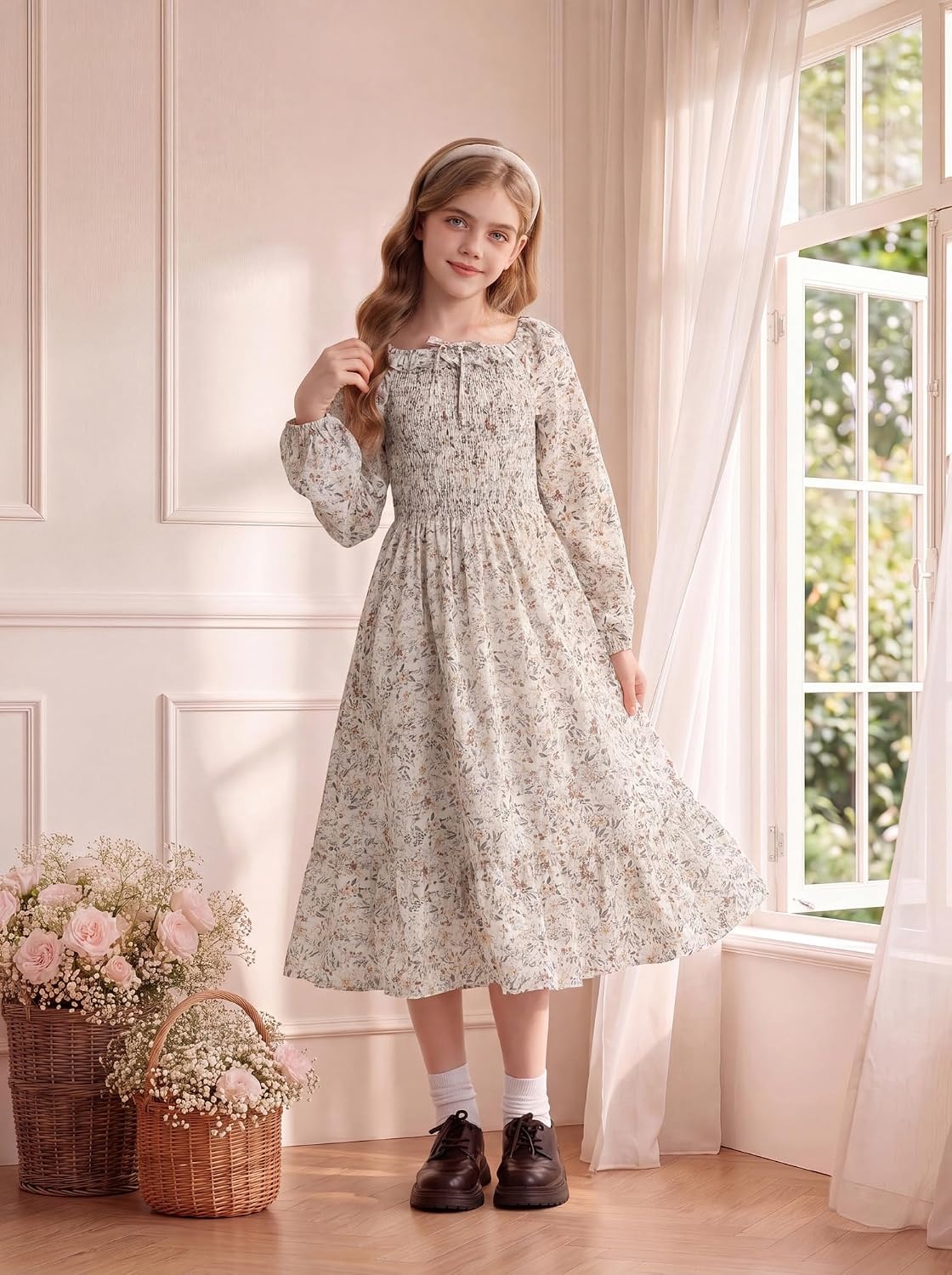 image:imageGRACE KARIN Girls Fall Dress Long Sleeve Floral Maxi Dresses Casual 614YApricot Floral