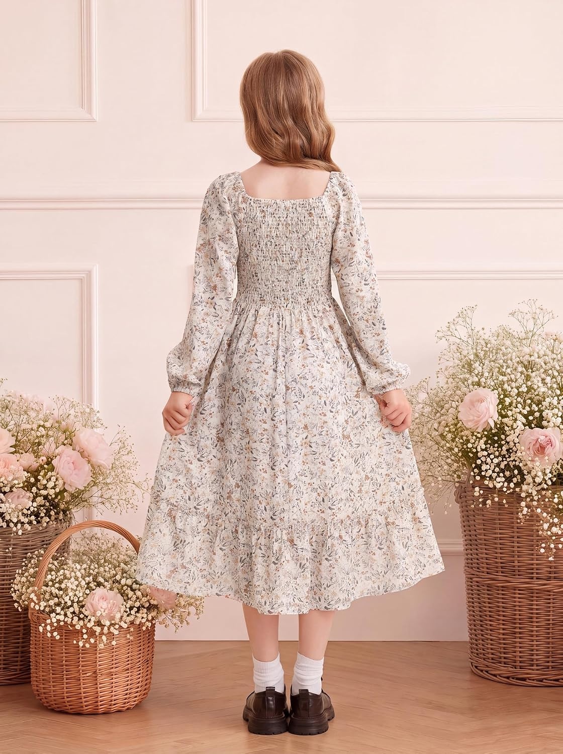 image:imageGRACE KARIN Girls Fall Dress Long Sleeve Floral Maxi Dresses Casual 614YApricot Floral