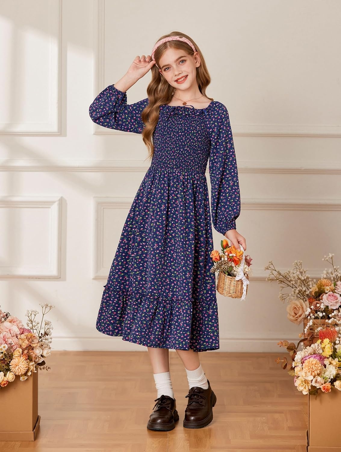 image:imageGRACE KARIN Girls Fall Dress Long Sleeve Floral Maxi Dresses Casual 614YNavy Blue