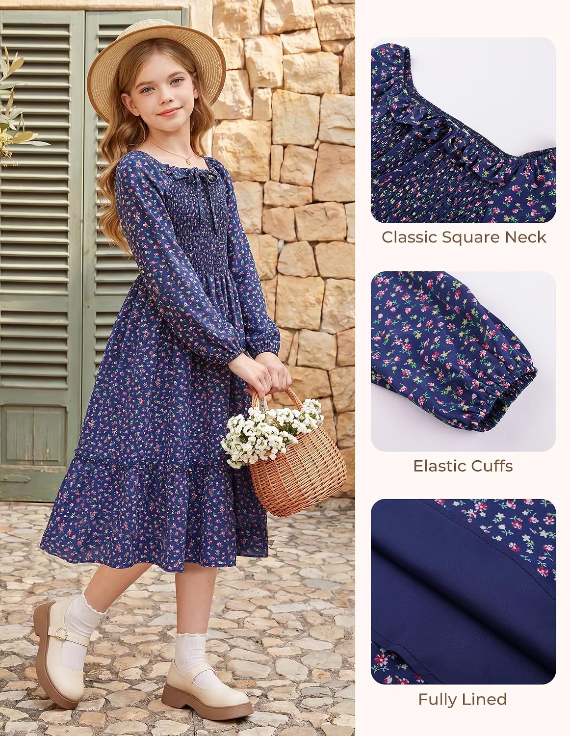 image:imageGRACE KARIN Girls Fall Dress Long Sleeve Floral Maxi Dresses Casual 614YNavy Blue