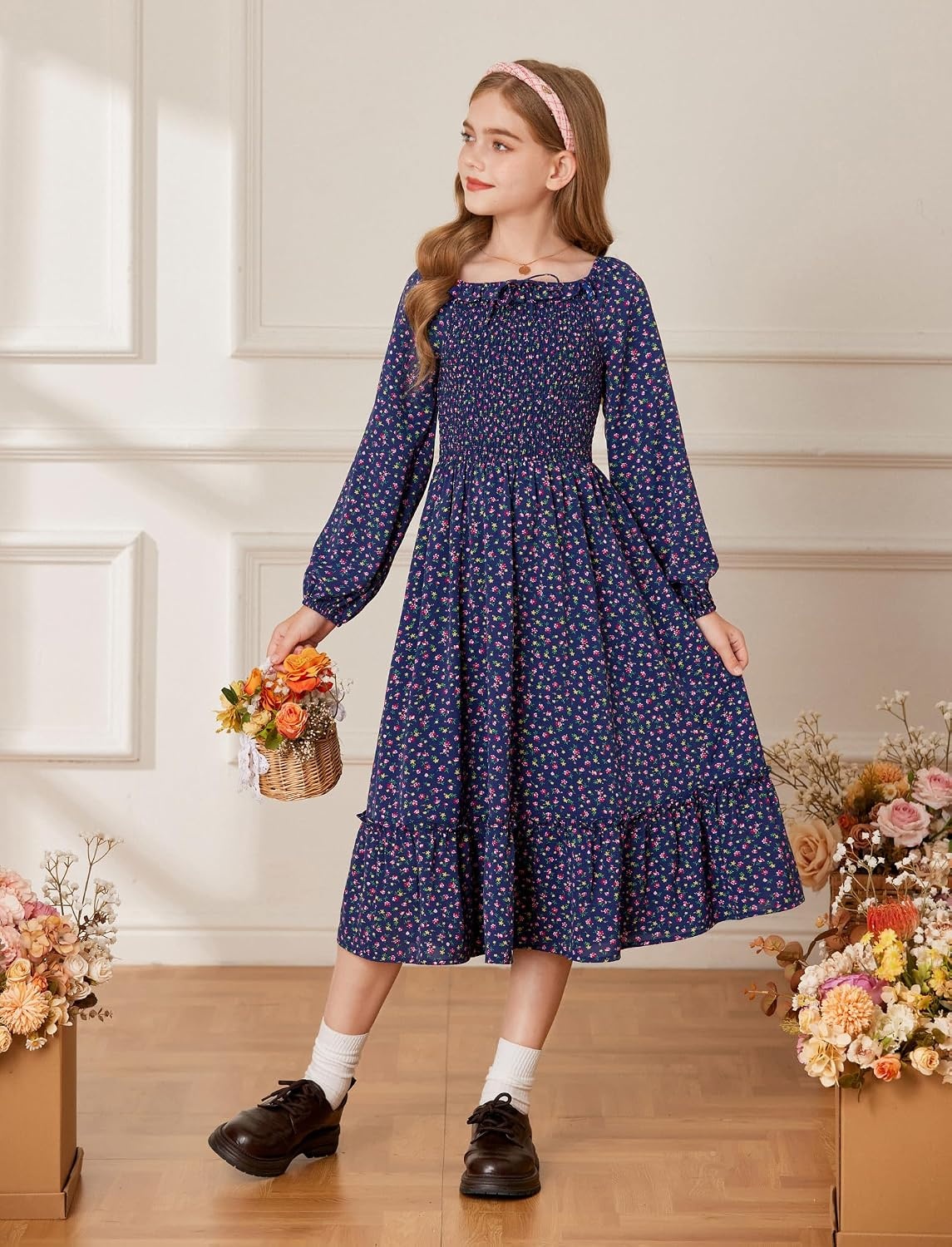 image:imageGRACE KARIN Girls Fall Dress Long Sleeve Floral Maxi Dresses Casual 614YNavy Blue