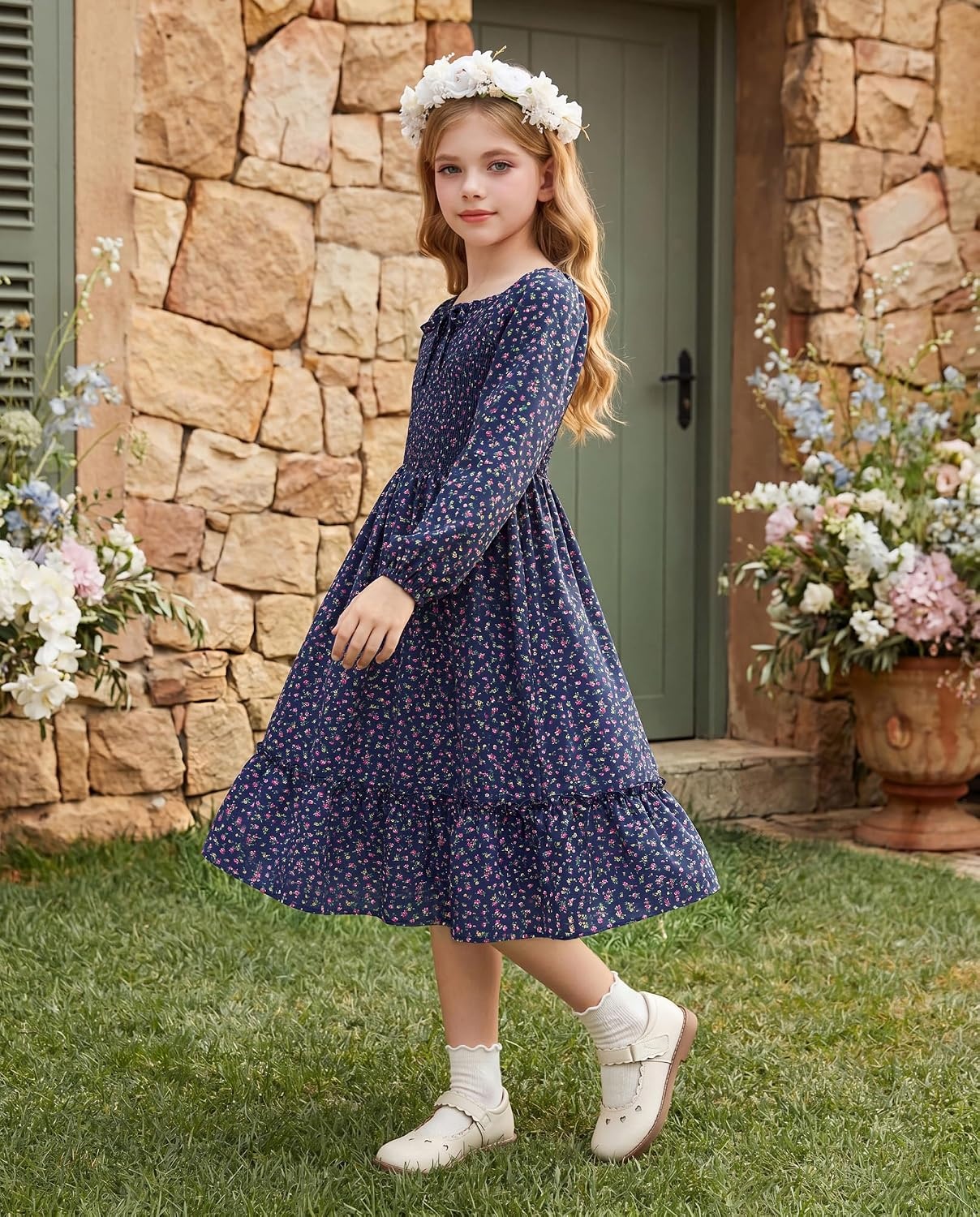 image:imageGRACE KARIN Girls Fall Dress Long Sleeve Floral Maxi Dresses Casual 614YNavy Blue