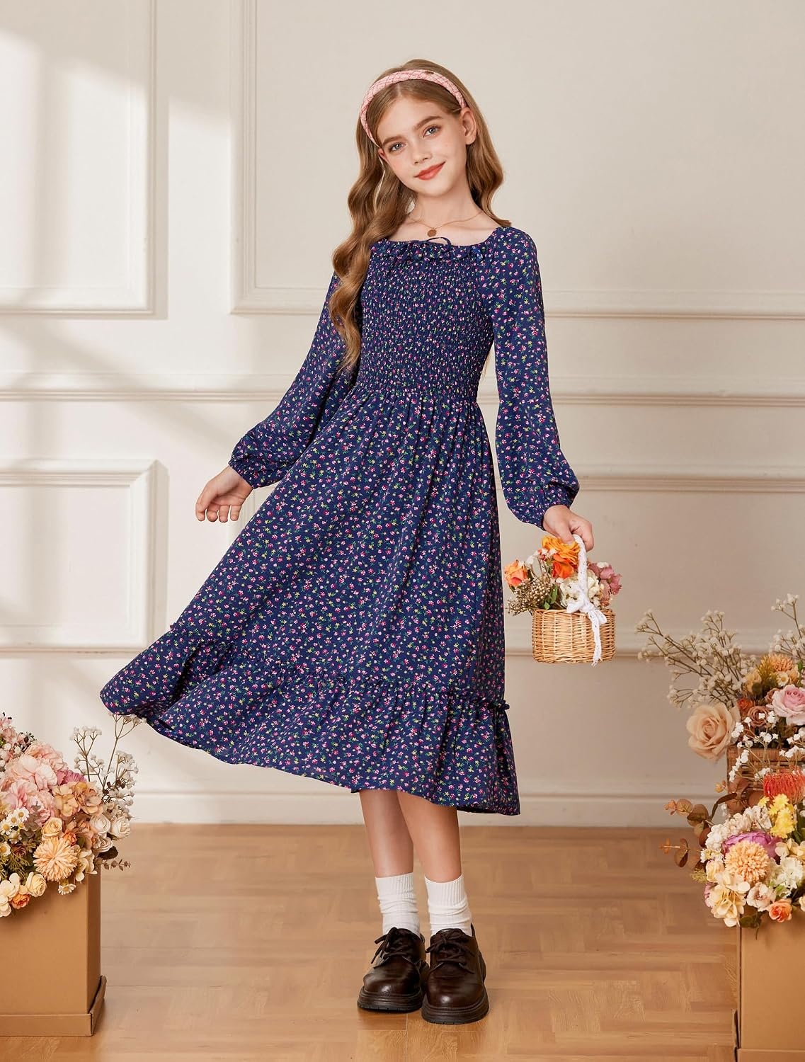 image:imageGRACE KARIN Girls Fall Dress Long Sleeve Floral Maxi Dresses Casual 614YNavy Blue