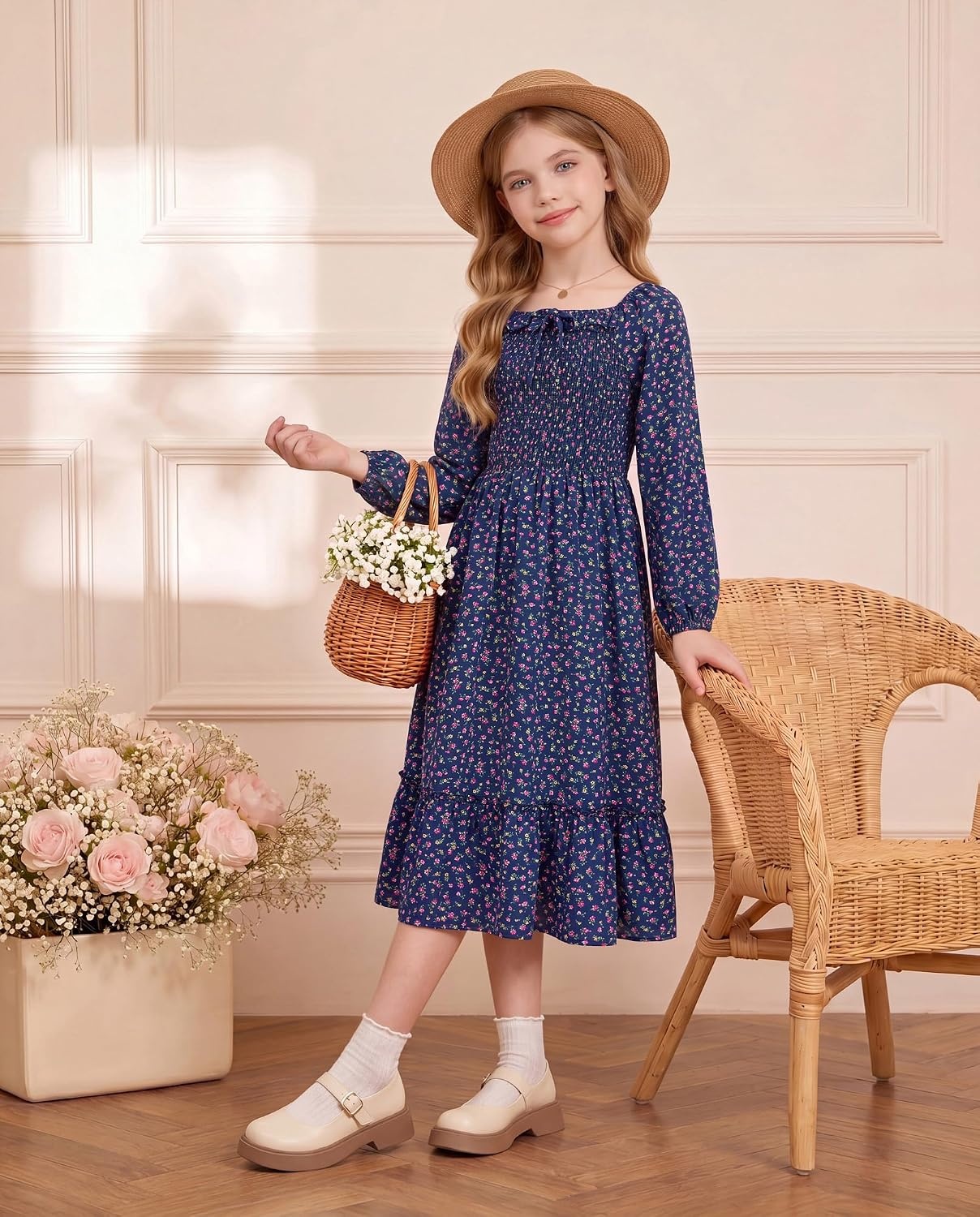 image:imageGRACE KARIN Girls Fall Dress Long Sleeve Floral Maxi Dresses Casual 614YNavy Blue