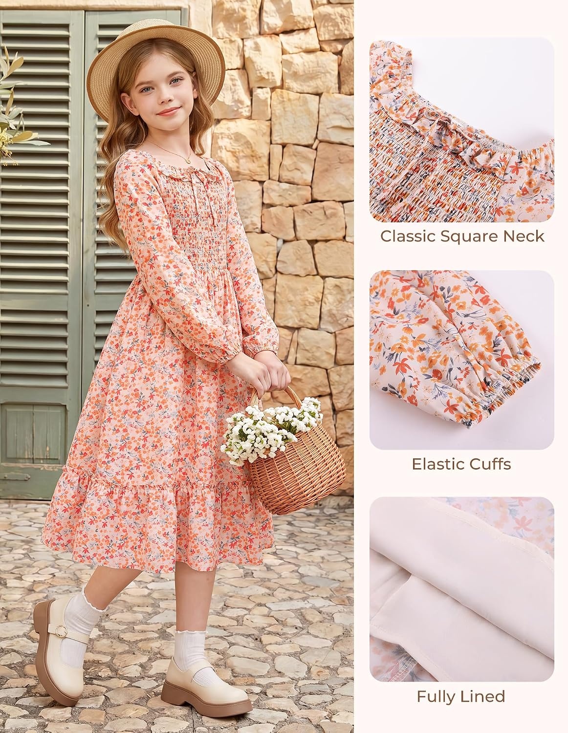 image:imageGRACE KARIN Girls Fall Dress Long Sleeve Floral Maxi Dresses Casual 614YOrange Floral