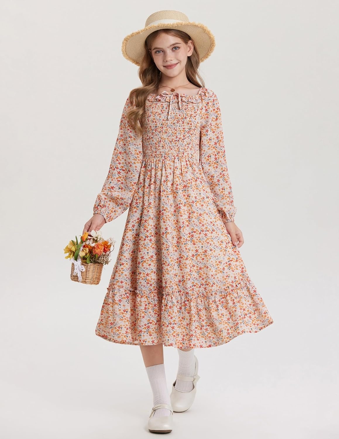 image:imageGRACE KARIN Girls Fall Dress Long Sleeve Floral Maxi Dresses Casual 614YOrange Floral