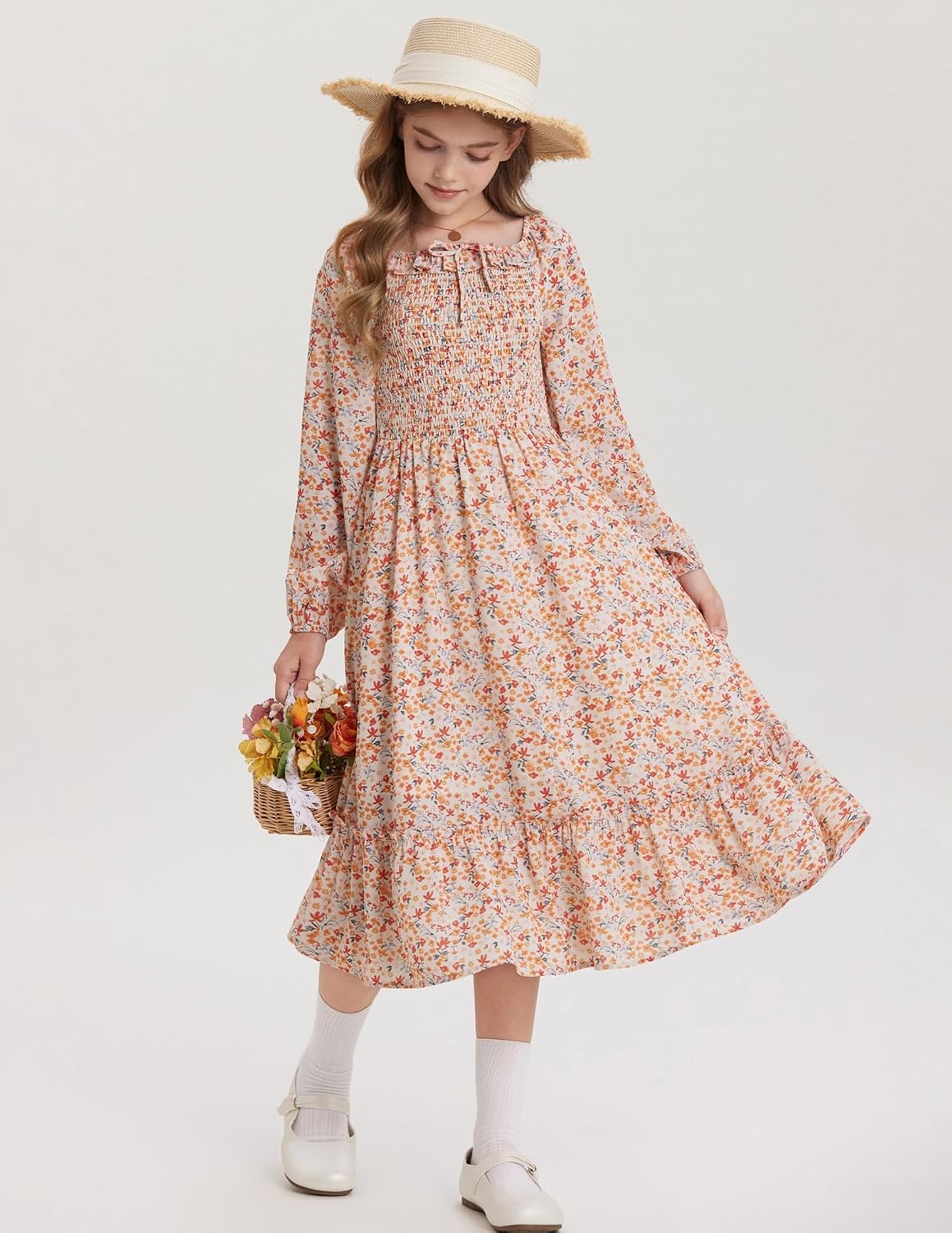 image:imageGRACE KARIN Girls Fall Dress Long Sleeve Floral Maxi Dresses Casual 614YOrange Floral