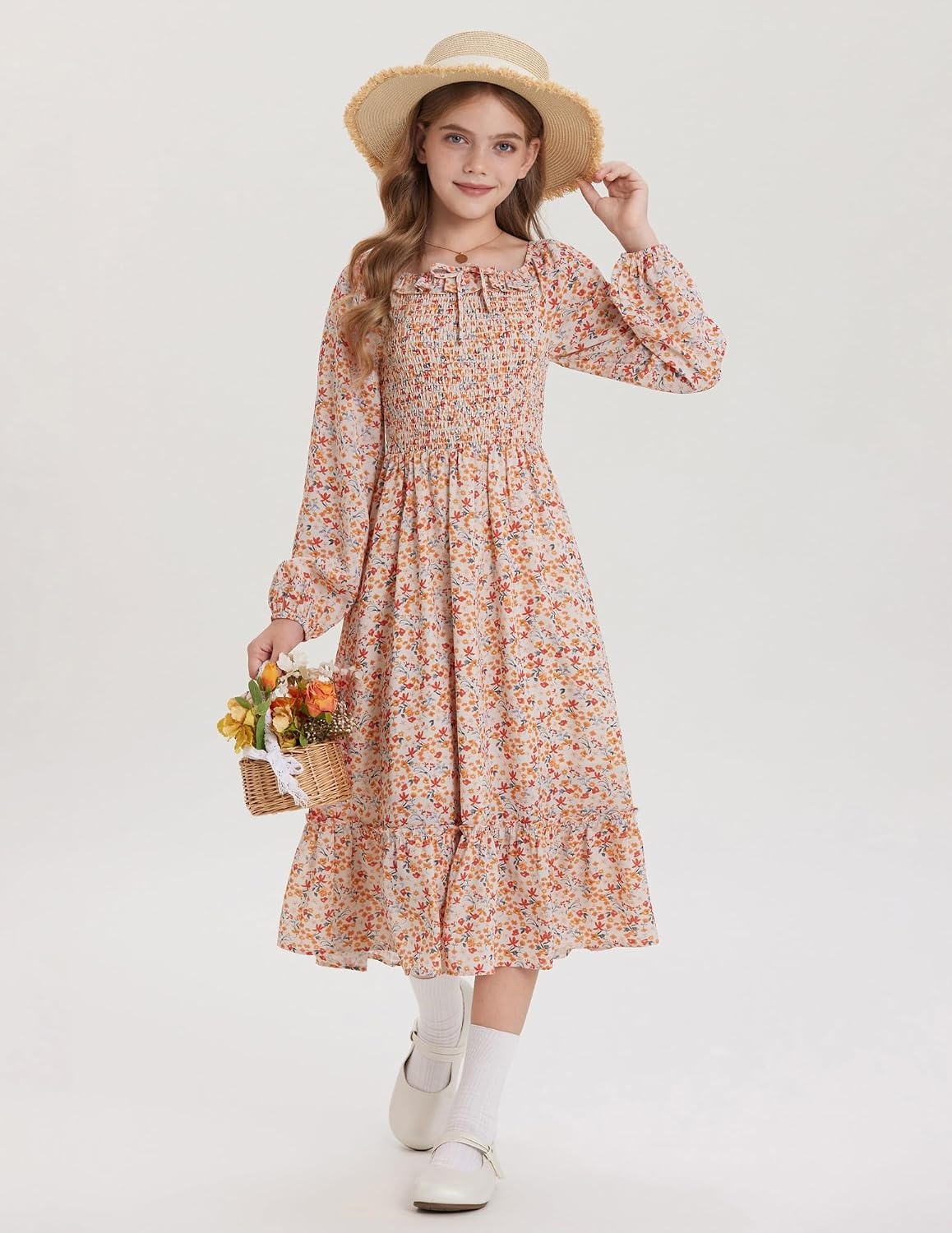 image:imageGRACE KARIN Girls Fall Dress Long Sleeve Floral Maxi Dresses Casual 614YOrange Floral