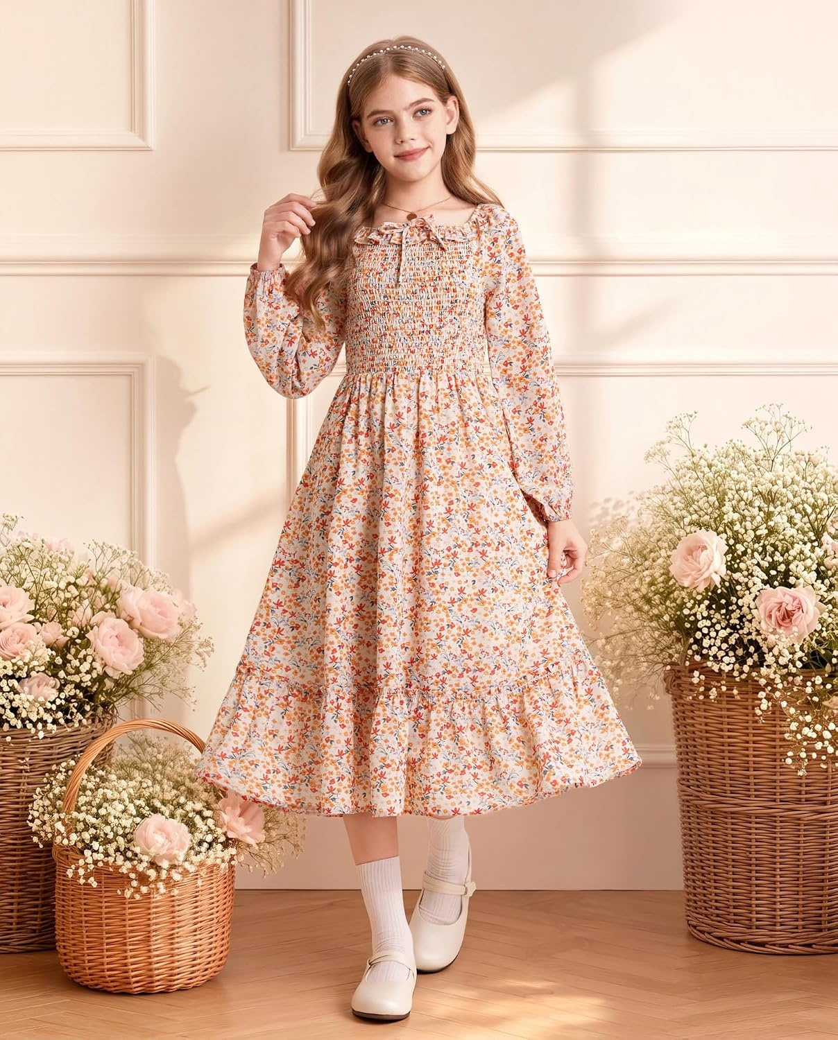 image:imageGRACE KARIN Girls Fall Dress Long Sleeve Floral Maxi Dresses Casual 614YOrange Floral