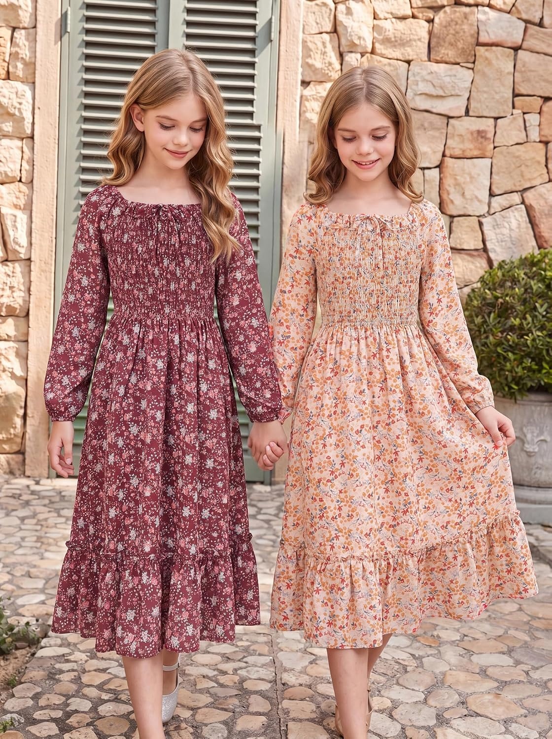 image:imageGRACE KARIN Girls Fall Dress Long Sleeve Floral Maxi Dresses Casual 614YOrange Floral