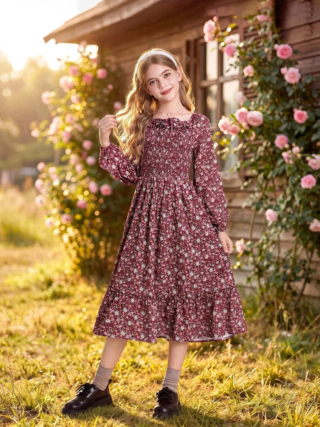 image:imageGRACE KARIN Girls Fall Dress Long Sleeve Floral Maxi Dresses Casual 614YWine Red
