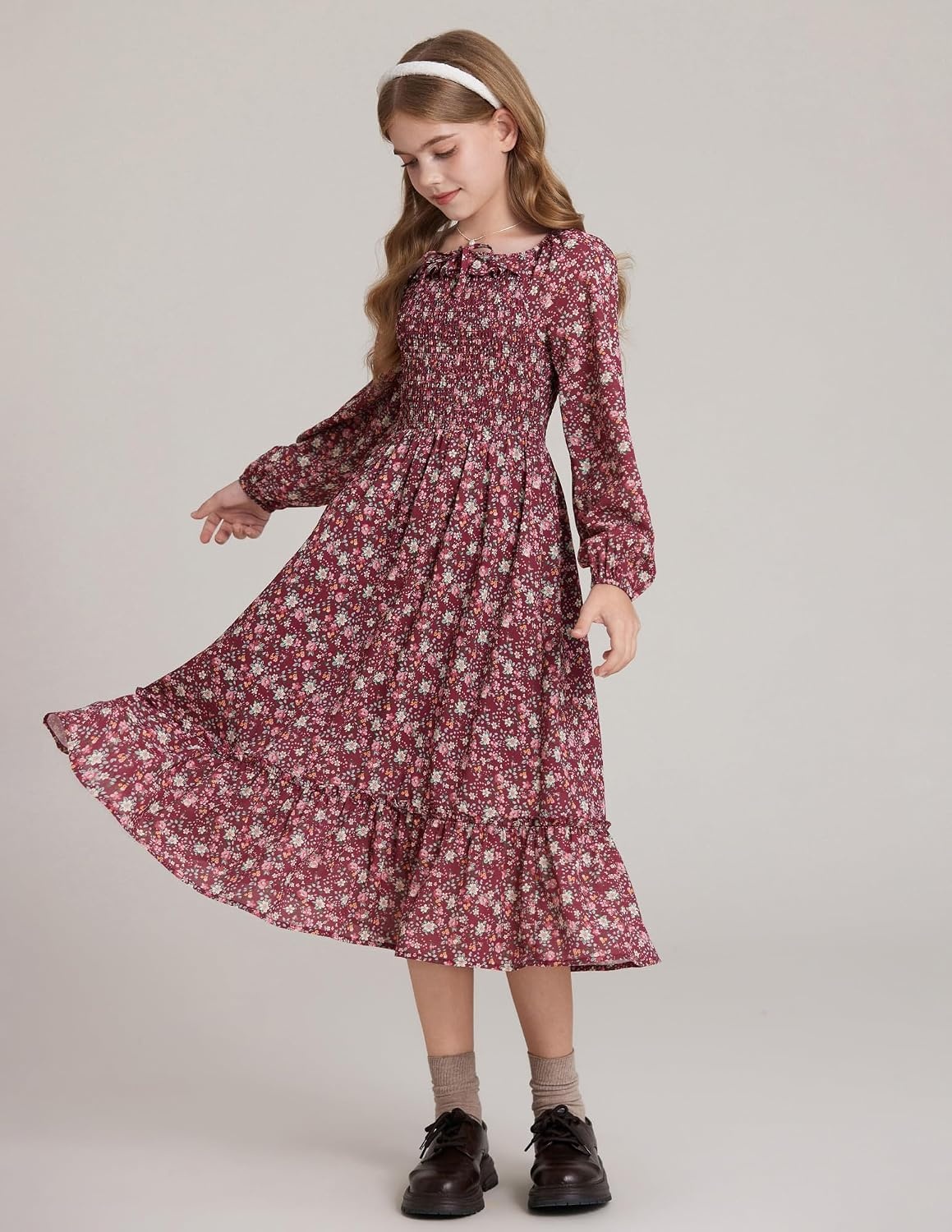 image:imageGRACE KARIN Girls Fall Dress Long Sleeve Floral Maxi Dresses Casual 614YWine Red
