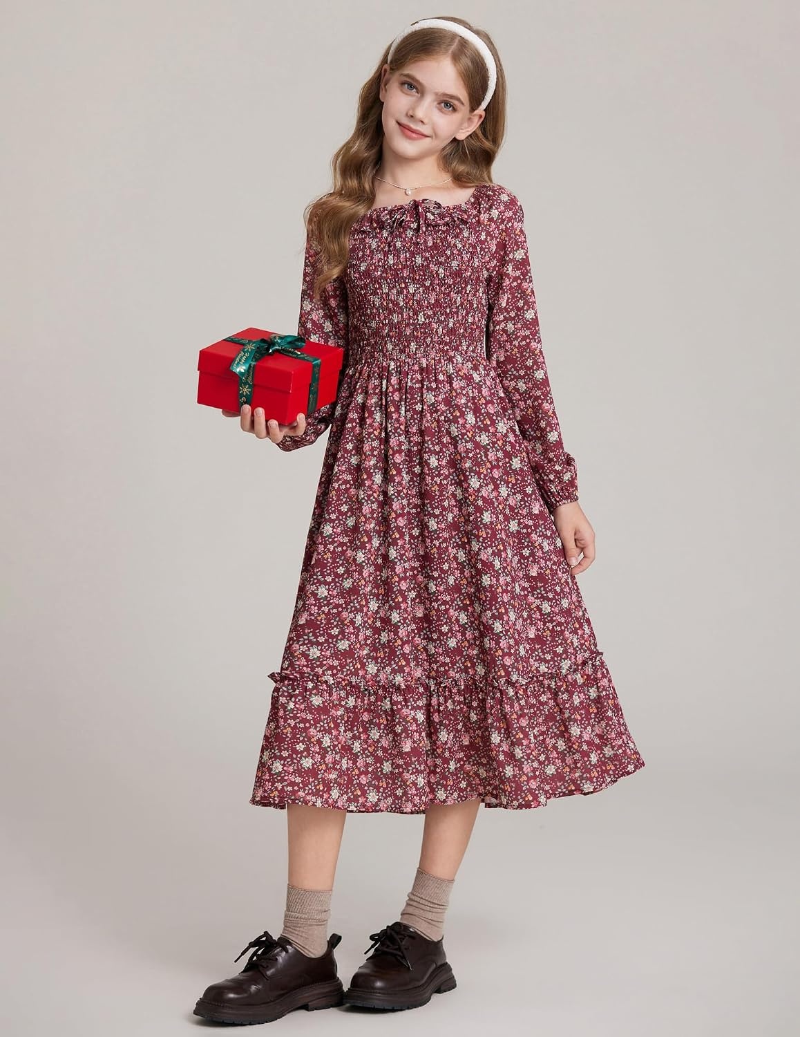 image:imageGRACE KARIN Girls Fall Dress Long Sleeve Floral Maxi Dresses Casual 614YWine Red
