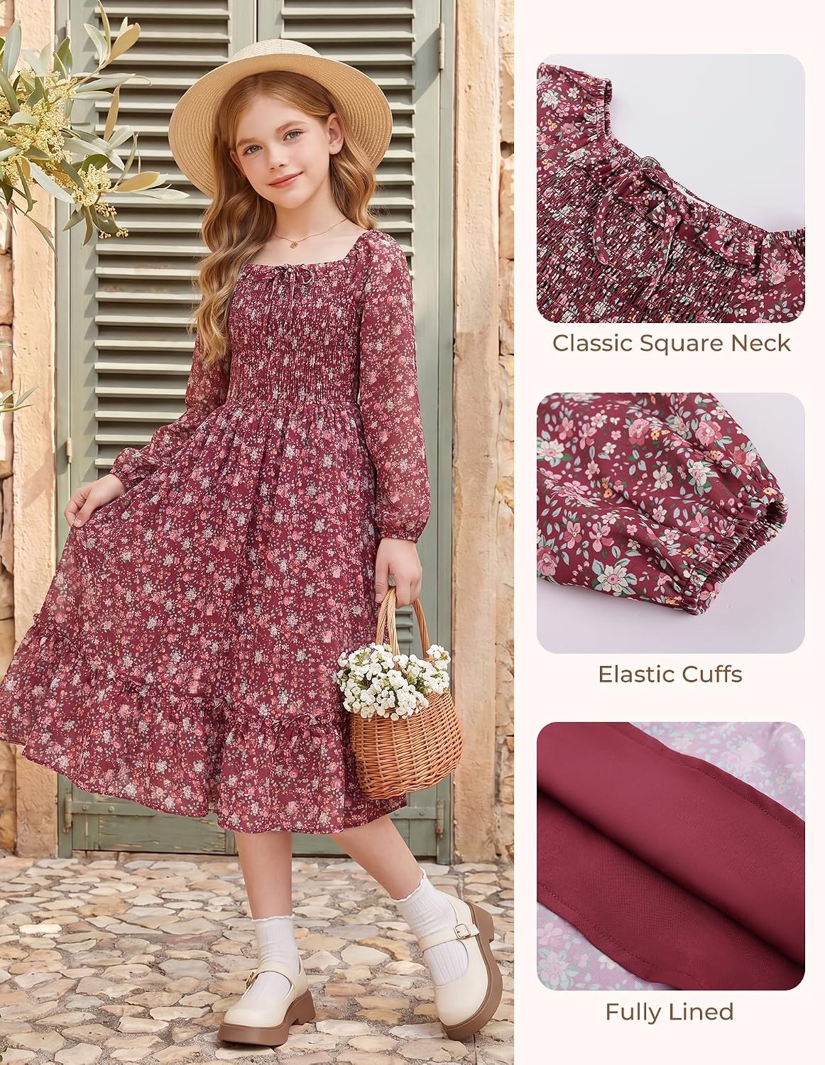 image:imageGRACE KARIN Girls Fall Dress Long Sleeve Floral Maxi Dresses Casual 614YWine Red