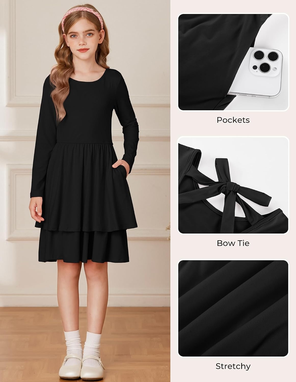image:imageGRACE KARIN Girls Fall Dress Long Sleeve Tie Back Pockets School Party 714Black