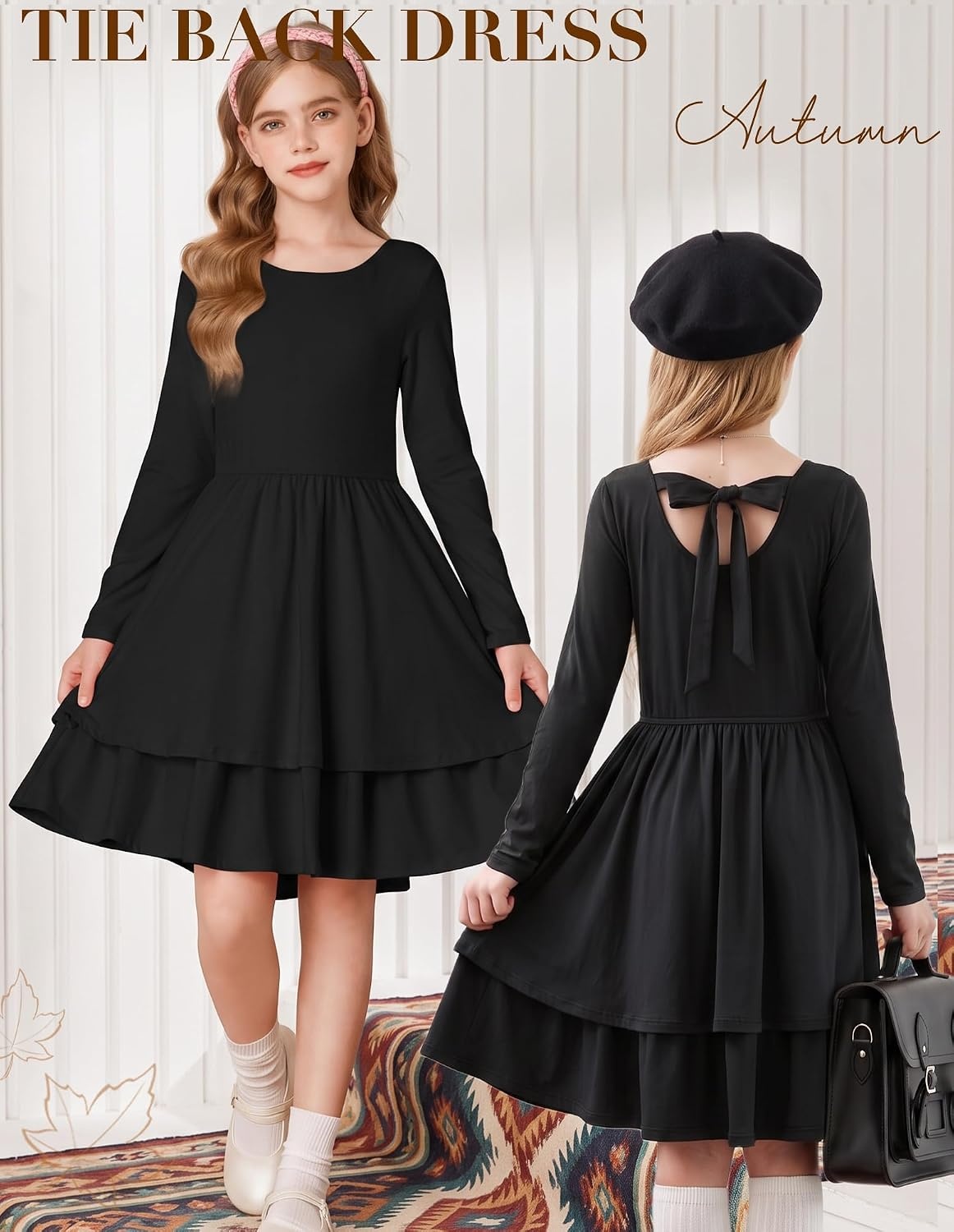 image:imageGRACE KARIN Girls Fall Dress Long Sleeve Tie Back Pockets School Party 714Black